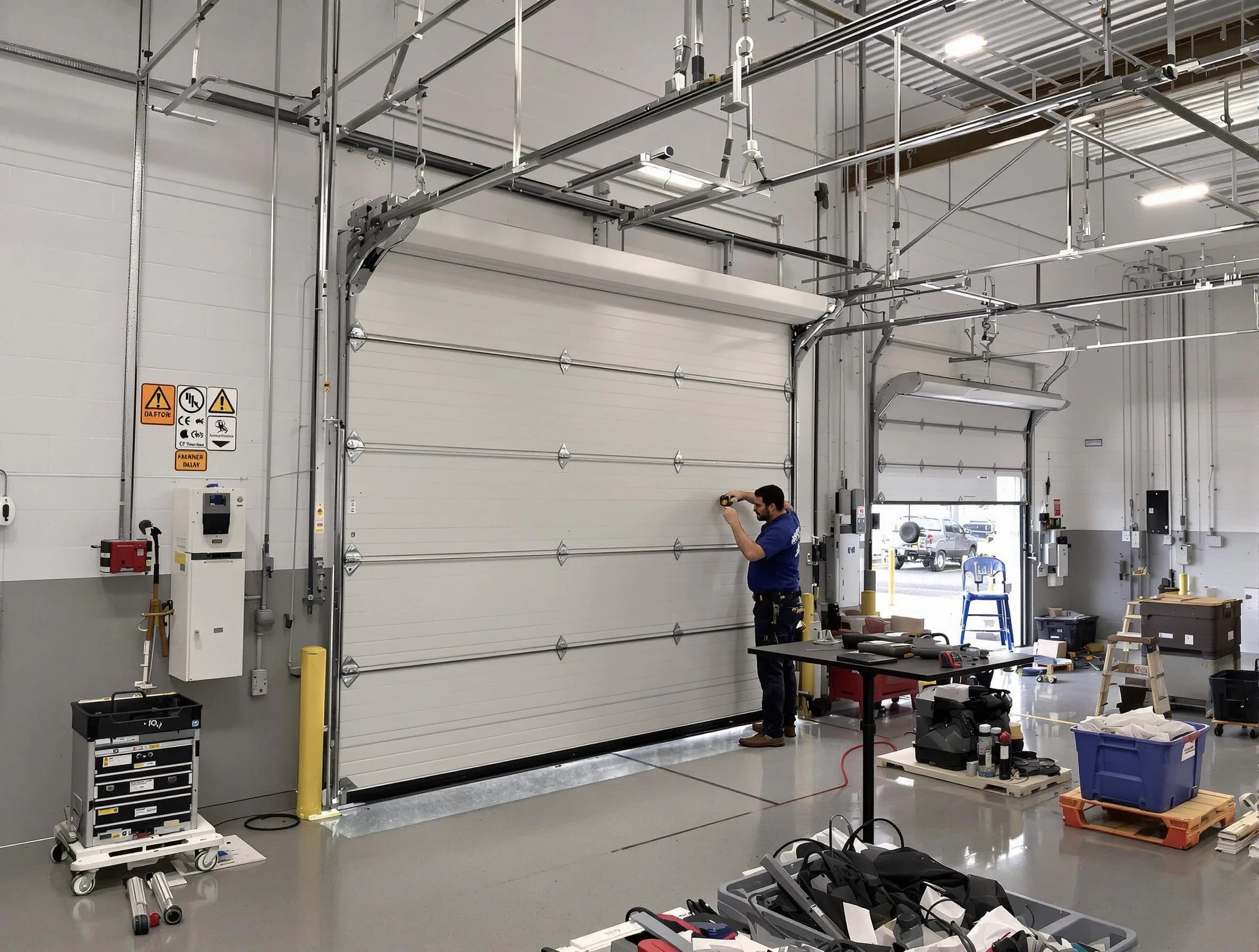 Commercial garage door repair being performed by Melrose Garage Door Repair expert in Melrose