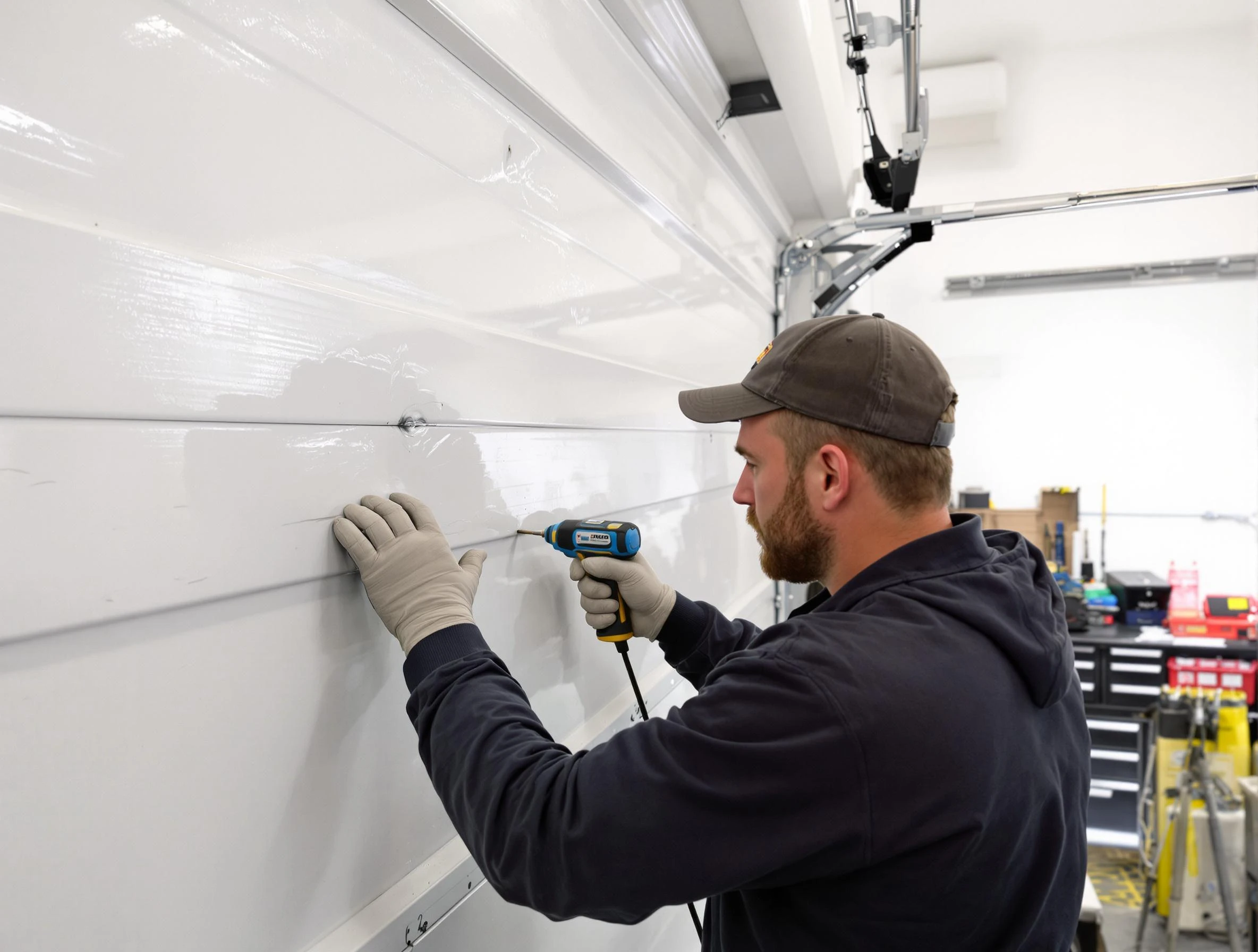 Melrose Garage Door Repair technician demonstrating precision dent removal techniques on a Melrose garage door